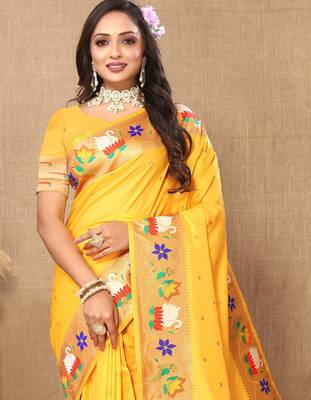 Yellow paithani art silk blend woven meenakari saree 3