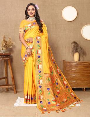 Yellow paithani art silk blend woven meenakari saree 4