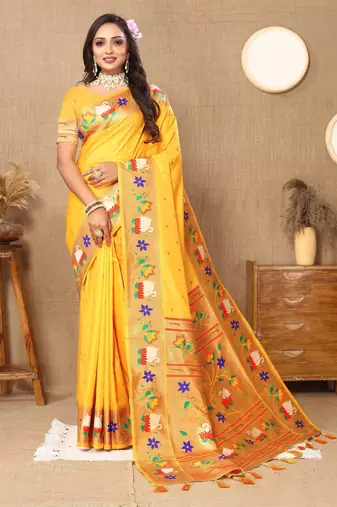 Yellow paithani art silk blend woven meenakari saree