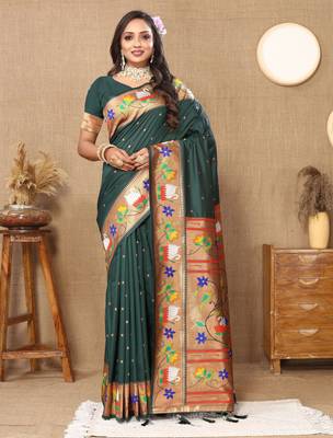 Green paithani art silk blend woven meenakari saree 1