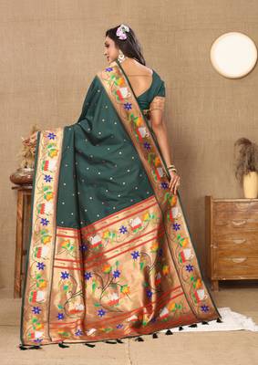 Green paithani art silk blend woven meenakari saree 2