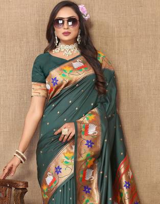 Green paithani art silk blend woven meenakari saree 3