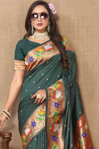 Green paithani art silk blend woven meenakari saree