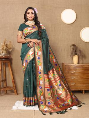 Green paithani art silk blend woven meenakari saree 4