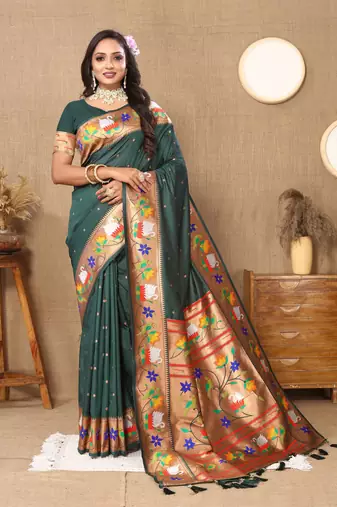 Green paithani art silk blend woven meenakari saree
