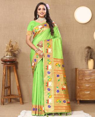 Parrot green paithani art silk blend woven meenakari saree 1