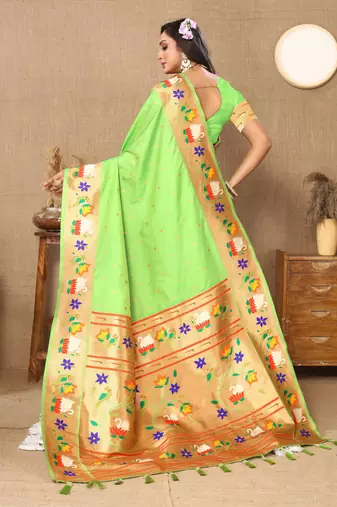 Parrot green paithani art silk blend woven meenakari saree