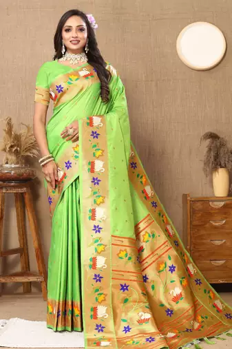 Parrot green paithani art silk blend woven meenakari saree