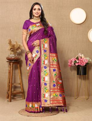 Purple paithani art silk blend woven meenakari saree 1