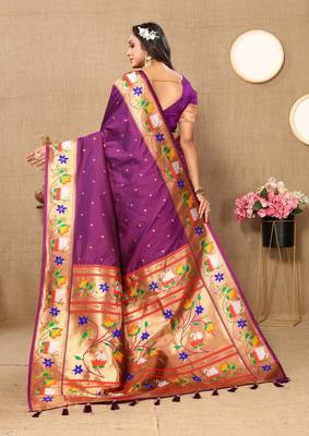 Purple paithani art silk blend woven meenakari saree 2