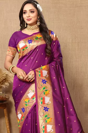 Purple paithani art silk blend woven meenakari saree