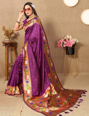 Purple paithani art silk blend woven meenakari saree 4