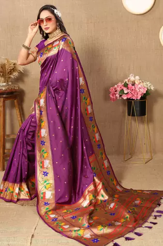 Purple paithani art silk blend woven meenakari saree