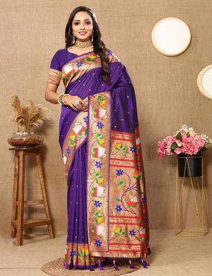 Violet paithani art silk blend woven meenakari saree 1