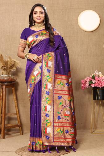Violet paithani art silk  woven meenakari saree