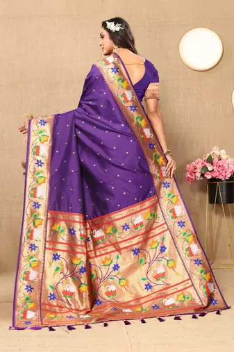 Violet paithani art silk blend woven meenakari saree
