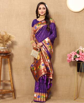 Violet paithani art silk blend woven meenakari saree 3