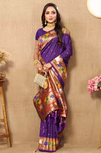 Violet paithani art silk blend woven meenakari saree