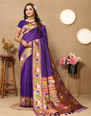 Violet paithani art silk blend woven meenakari saree 4