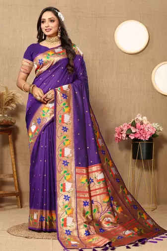 Violet paithani art silk blend woven meenakari saree