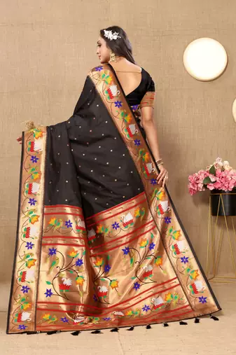 Black paithani art silk blend woven meenakari saree