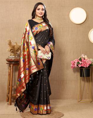 Black paithani art silk blend woven meenakari saree 3