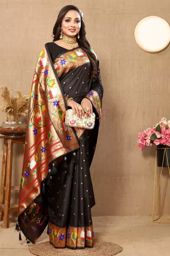 Black paithani art silk blend woven meenakari saree