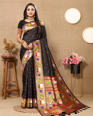 Black paithani art silk blend woven meenakari saree 4
