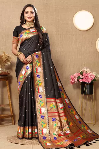 Black paithani art silk blend woven meenakari saree