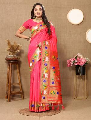 Rust paithani art silk blend woven meenakari saree 1
