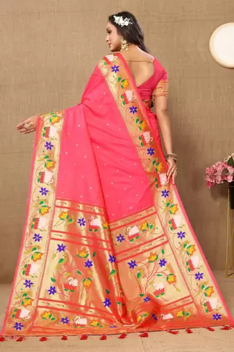 Rust paithani art silk blend woven meenakari saree
