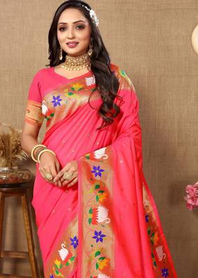 Rust paithani art silk blend woven meenakari saree 3