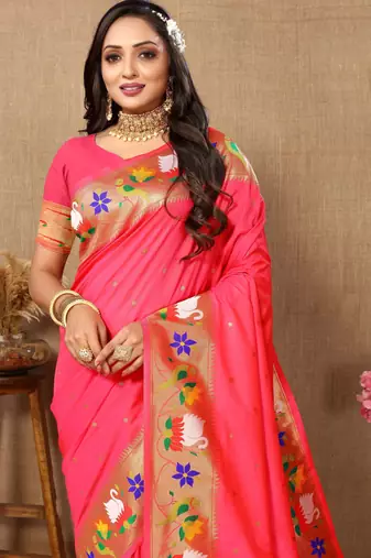 Rust paithani art silk blend woven meenakari saree