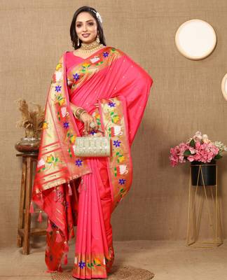 Rust paithani art silk blend woven meenakari saree 4