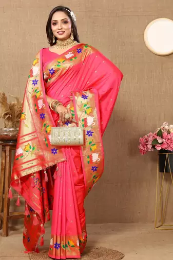 Rust paithani art silk blend woven meenakari saree