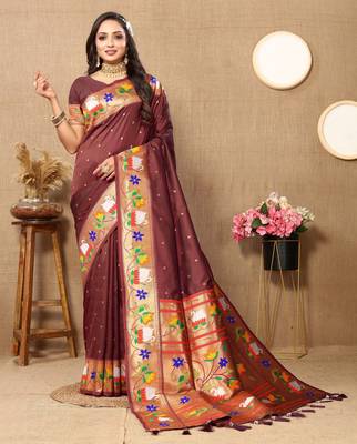 Brown paithani art silk blend woven meenakari saree 1