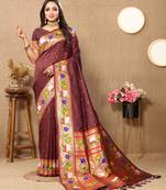 Brown paithani art silk woven meenakari saree