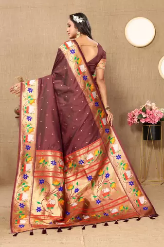 Brown paithani art silk blend woven meenakari saree