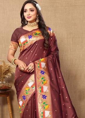 Brown paithani art silk blend woven meenakari saree 3