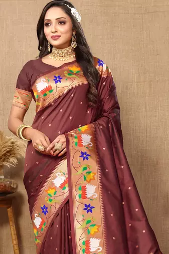 Brown paithani art silk blend woven meenakari saree