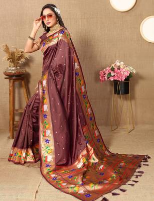 Brown paithani art silk blend woven meenakari saree 4