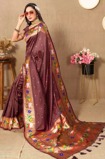 Brown paithani art silk blend woven meenakari saree