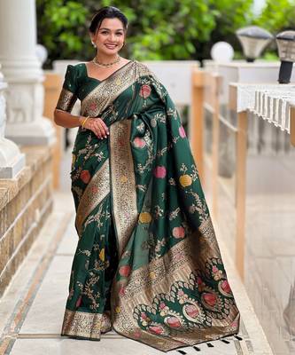 Green faux banarasi art silk blend woven meenakari saree 1