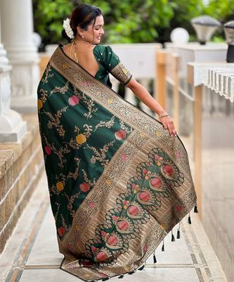 Green faux banarasi art silk blend woven meenakari saree 2