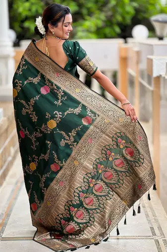 Green faux banarasi art silk blend woven meenakari saree