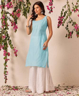 Handmade Blue Georgette Lucknowi Chikankari Straight Women Indian Kurta With Slip 8