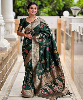 Green faux banarasi art silk blend woven meenakari saree 4