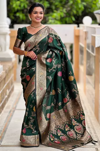 Green faux banarasi art silk blend woven meenakari saree
