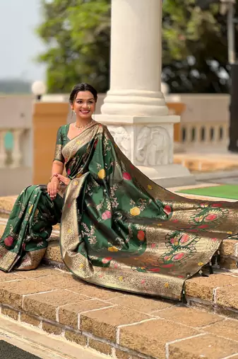 Green faux banarasi art silk blend woven meenakari saree
