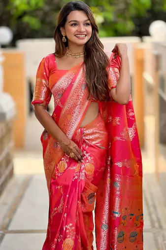 Gajri faux banarasi art silk blend woven meenakari saree